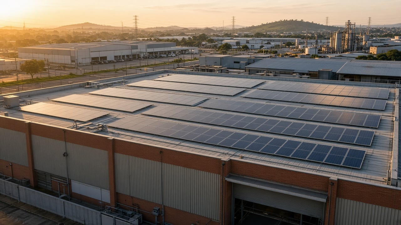 Telhado industrial com usina solar fotovoltaica para geração distribuída