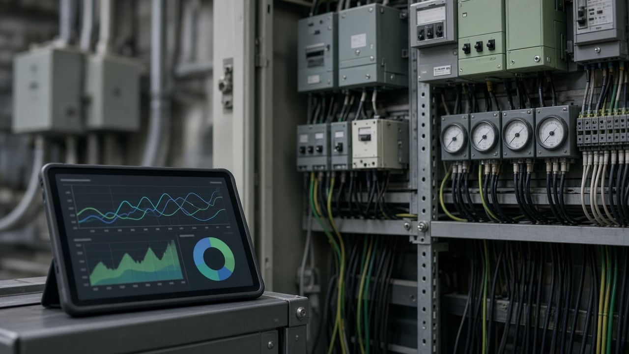 Medição e painéis elétricos em auditoria de eficiência energética industrial